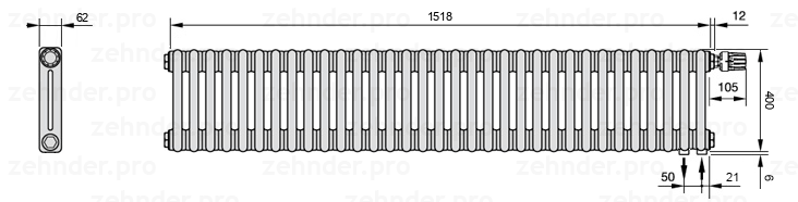 Схема (чертеж) Радиатор Zehnder Charleston 2040/33 №V002 Белый глянцевый RAL 9016